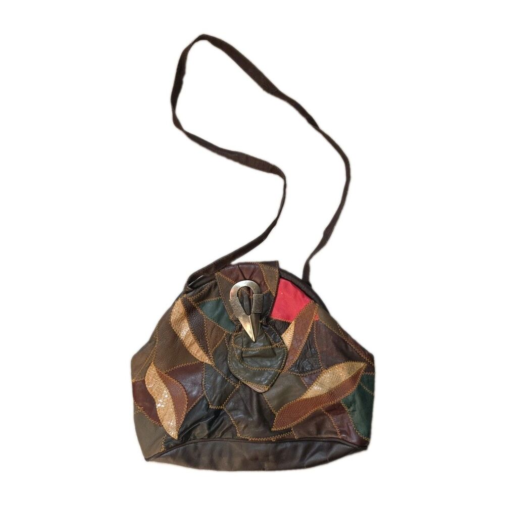 Vintage Patchwork Leather Shoulder Bag Brown Boho Hobo Purse Snakeskin Trim GUC